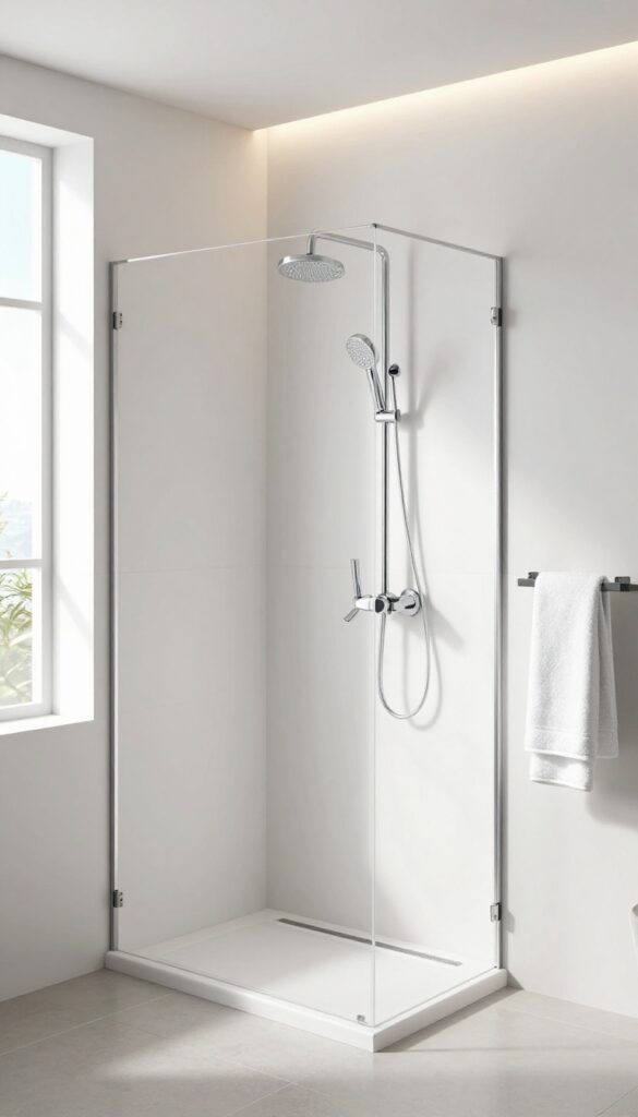 A modern shower panel with body jets in a bright, clean bathroom setting, showcasing customizable spa-like features for relaxation.