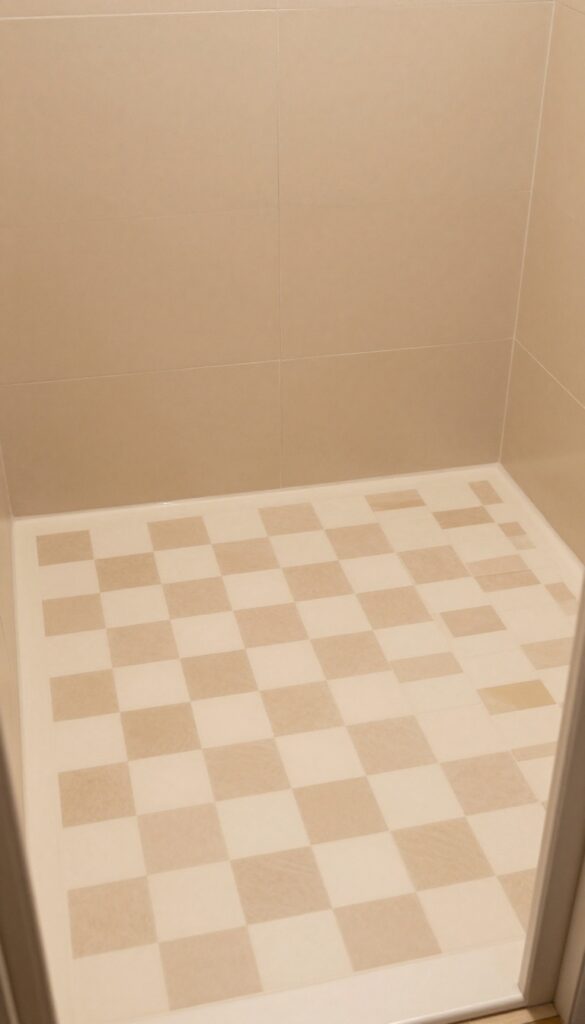 A photorealistic shower with a classic checkerboard floor in cream and taupe tiles against simple walls in natural light.