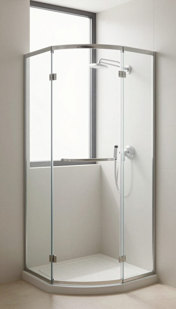 A small walk-in shower with a built-in corner seat in natural light, demonstrating a compact and functional bathroom design idea.