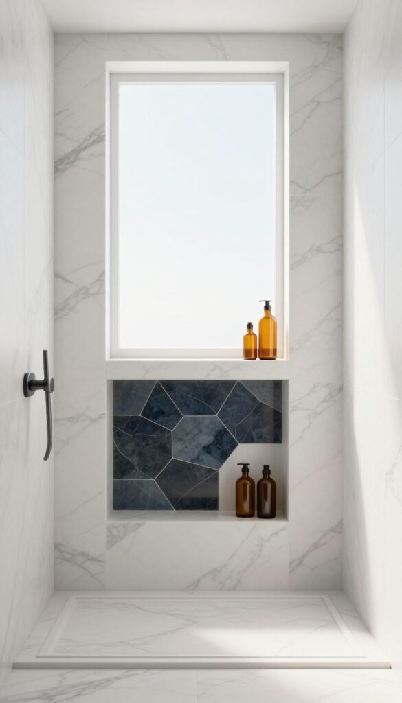Modern shower with built-in niche featuring contrasting geometric tile pattern and amber glass bottles