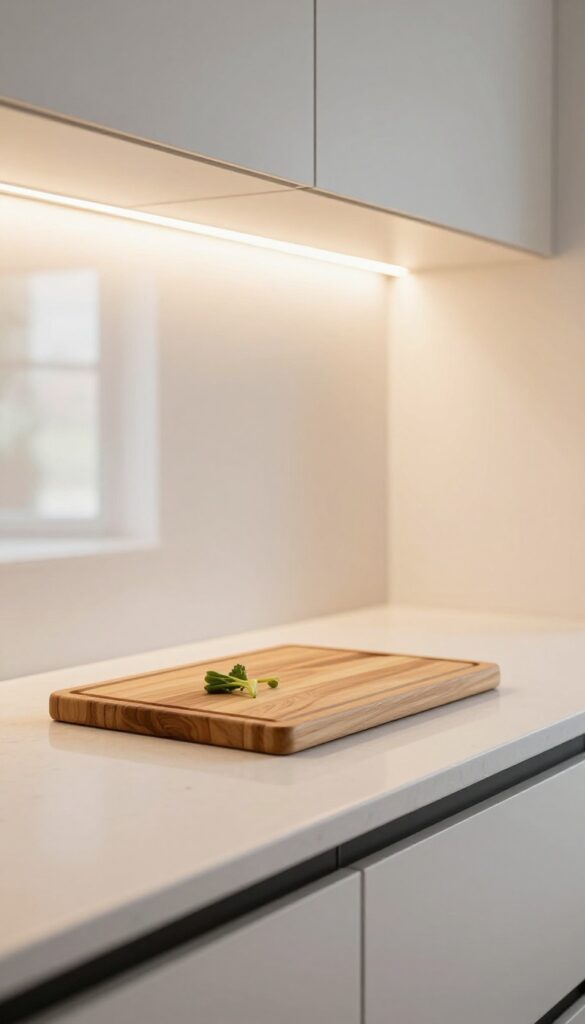 Warm under-cabinet LED strips lighting a small kitchen countertop with vegetables and cutting board, cozy and bright.