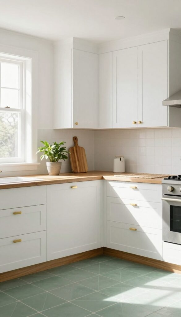 Sage green tile floor in a bright kitchen with white cabinets and wood accents
