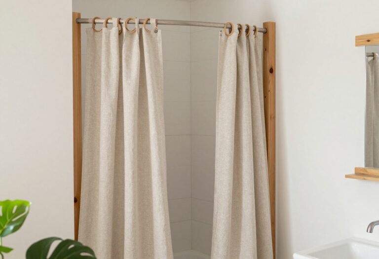 Rustic bathroom with linen shower curtain, wooden decor, and soft lighting creating a cozy, stylish retreat.