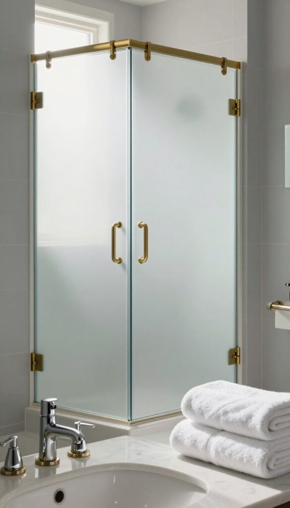 Frosted glass shower door with brass handles and chrome fixtures in a bright, modern bathroom with natural light and neutral decor.