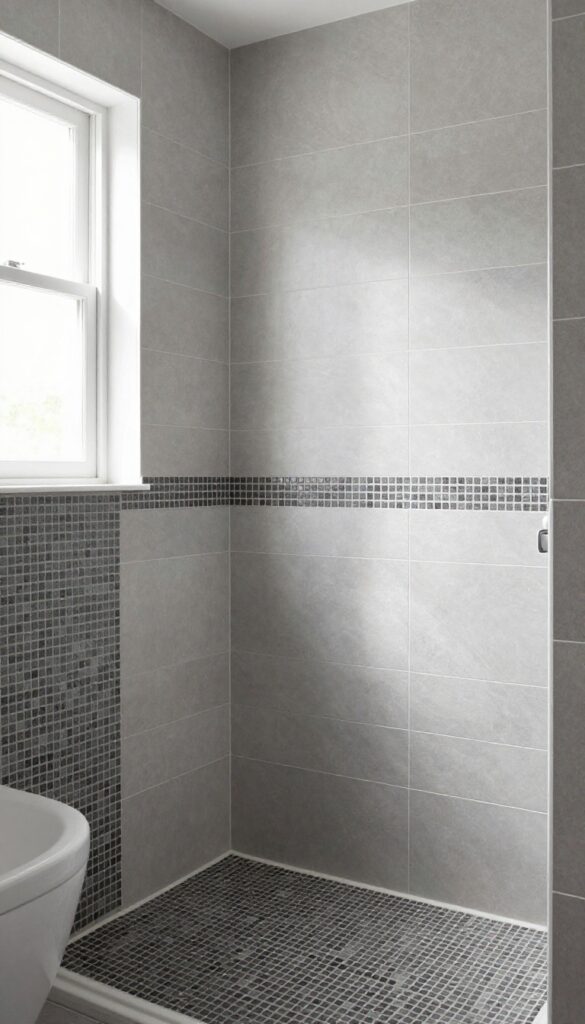 Bathroom shower and tub area with mixed tile sizes: large light gray wall tiles and small charcoal mosaic floor tiles for dynamic texture.
