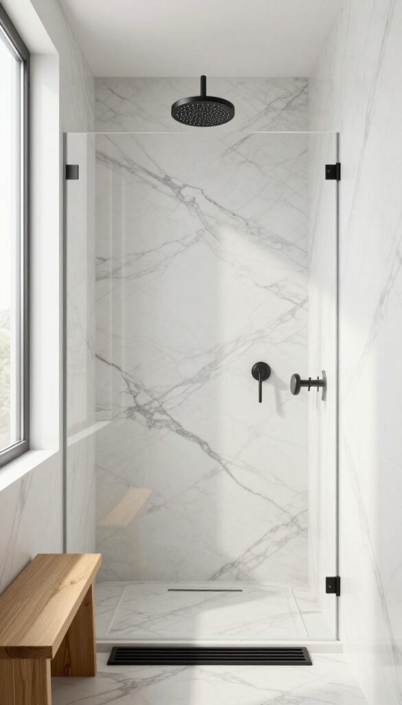 A luxurious shower with large white marble slabs and black veining, complemented by black fixtures and warm wood accents.