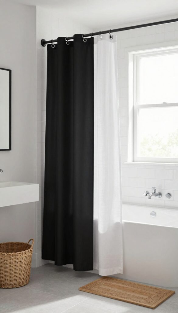 A modern bathroom featuring a matte black curved shower curtain rod against white tiles and minimalist decor in bright natural light.
