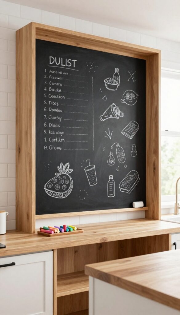 Modern kitchen with matte black chalkboard splashback featuring colorful chalk drawings, warm wood shelves, white subway tile, and natural light.