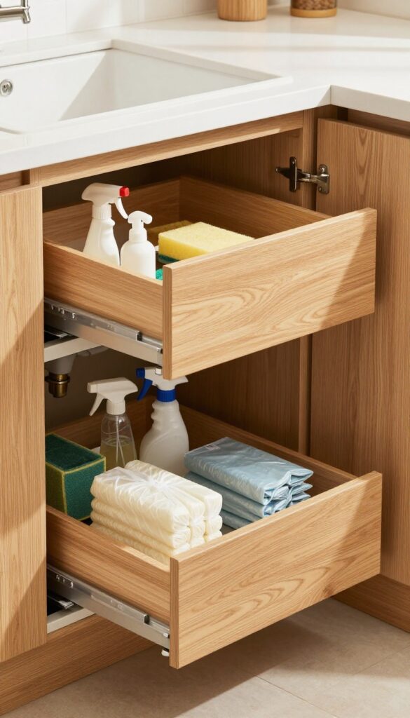 Under-sink cabinet with pull-out drawers and pipe cutouts, neatly organizing cleaning supplies.