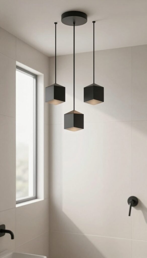 Geometric pendant lights hanging from a shower ceiling in a modern bathroom, showcasing sculptural shapes like hexagons and cubes that add artistic flair and soft illumination to the space.