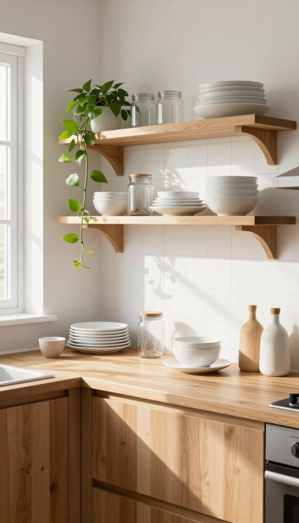 Open shelving in natural wood tones in a bright kitchen with white dishes and plants