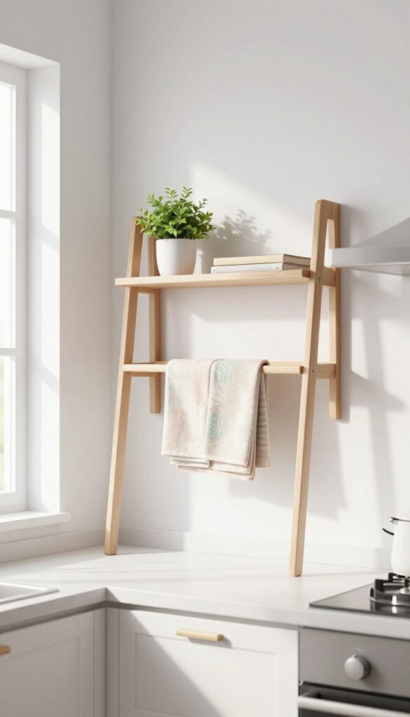 Kitchen ladder shelf with towels draped over rungs in bright natural light