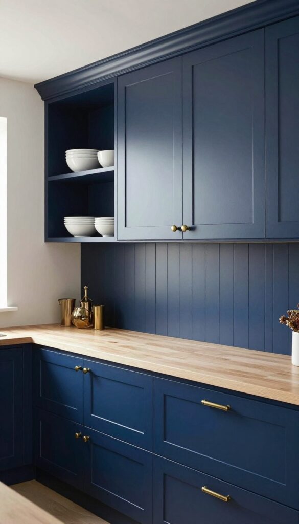 Kitchen backsplash with beadboard paneling in deep navy blue, light countertops, open shelving, brass hardware, natural light