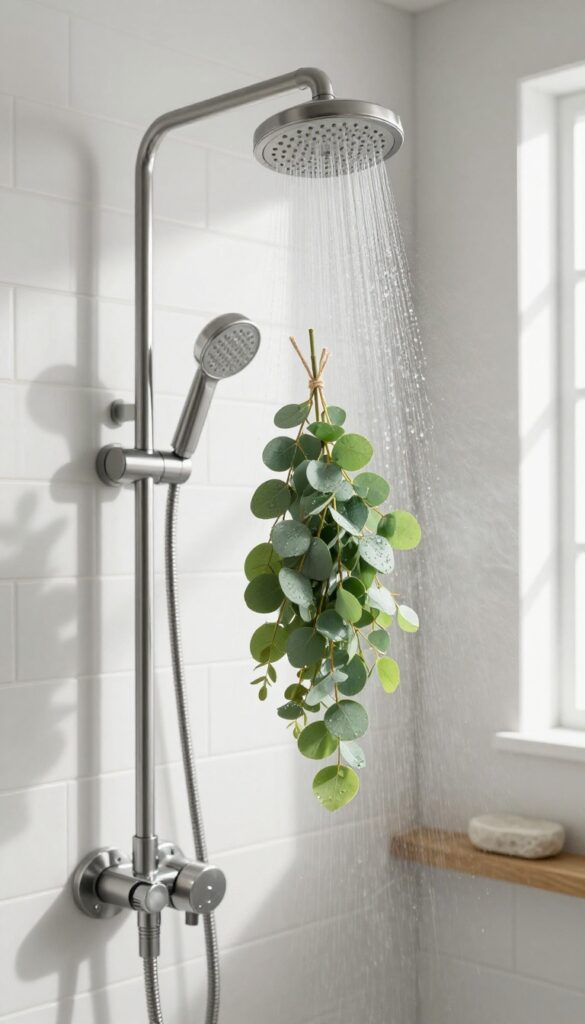 Hanging eucalyptus tied to showerhead with twine in a steamy modern shower