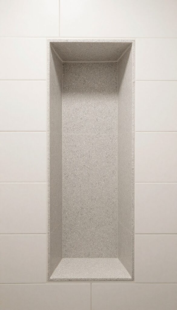 Close-up view of a walk-in shower niche with pebble tile accents in a modern bathroom
