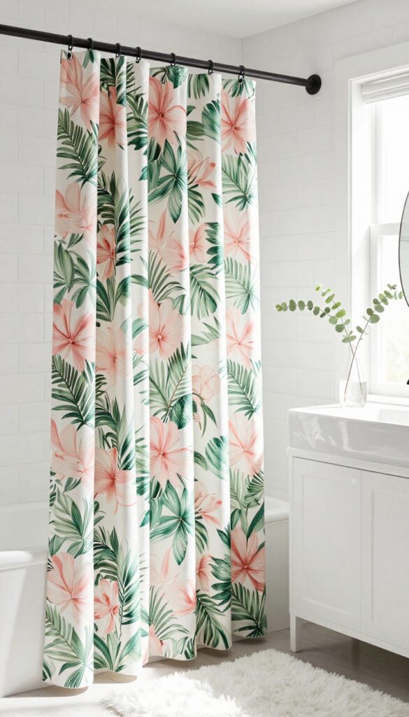 Bathroom with oversized floral shower curtain