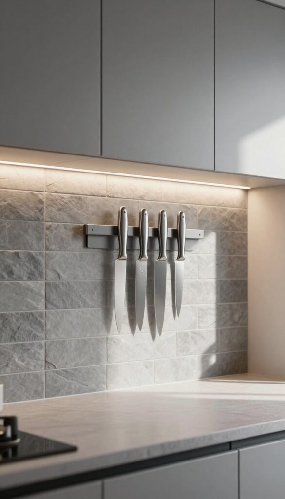Slate gray backsplash with magnetic knife strip in a dark kitchen