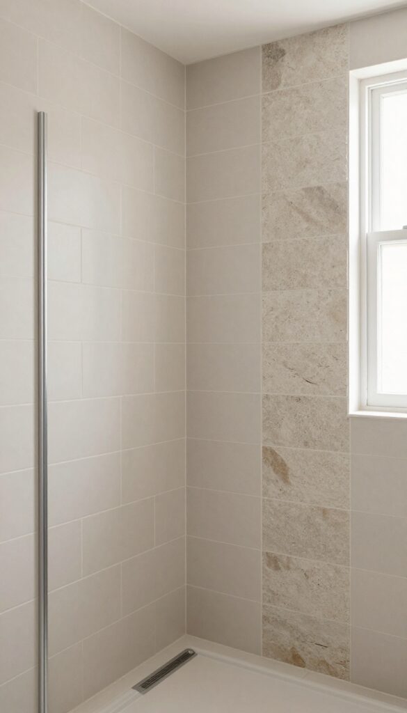 A bathroom shower with mixed ceramic and stone tiles in neutral tones, showcasing layered texture and depth under natural light