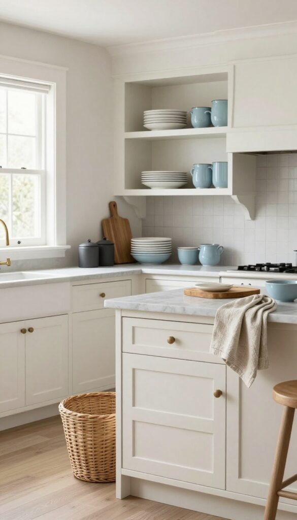 Bright farmhouse kitchen with neutral white, cream, gray, and muted blue palette, wood accents, and natural light.