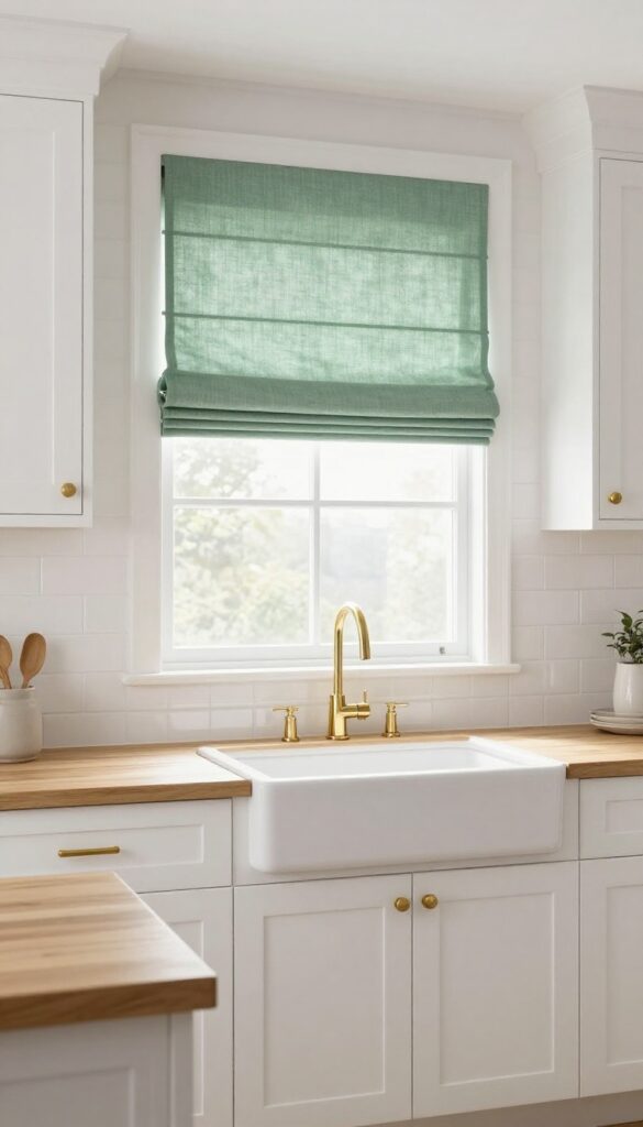 Kitchen with sage green Roman shades on window above sink, soft natural light, white cabinets, light wood countertops