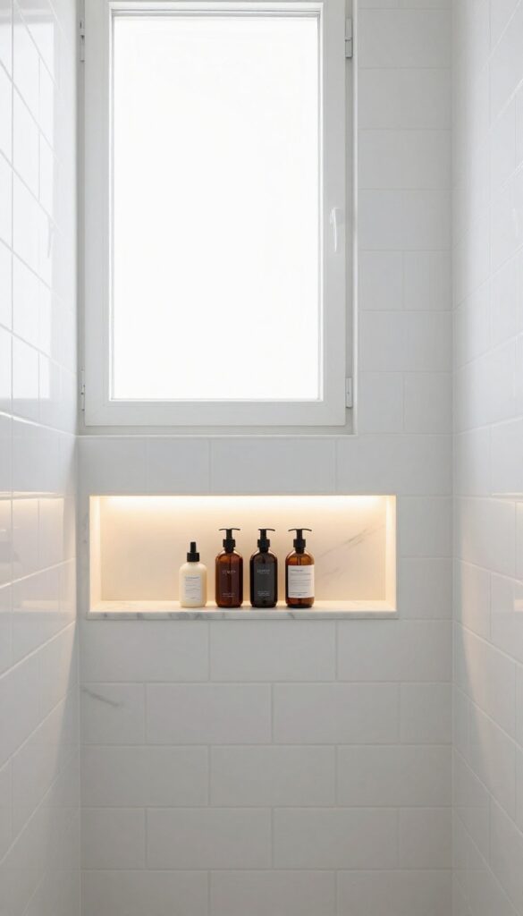 A modern shower featuring built-in niches for smart storage, with tidy toiletries on marble shelves and seamless tile integration.