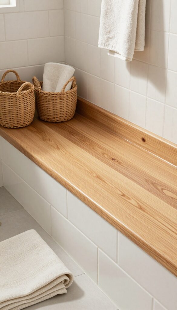 A wooden shower curb with waterproof sealant in a bright bathroom, showcasing rustic wood grain against subway tiles and beadboard walls for a cozy farmhouse aesthetic.