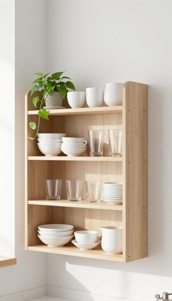 Slim open shelf hutch on wall in small kitchen with white ceramics and trailing plant