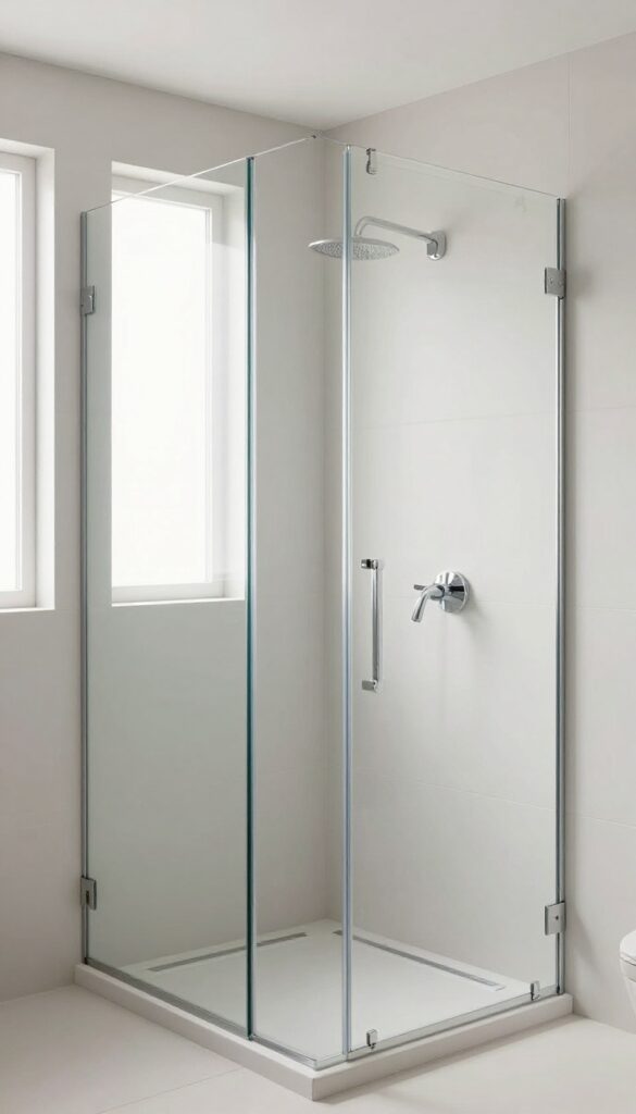 Small bathroom with clear frameless glass shower and minimalist chrome fittings, bright natural light