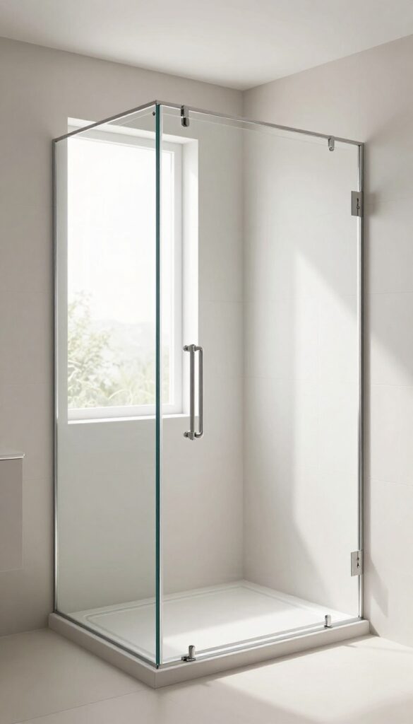 A small bathroom featuring a frameless clear glass walk-in shower that enhances openness and modern style, with bright natural lighting and clean design elements.