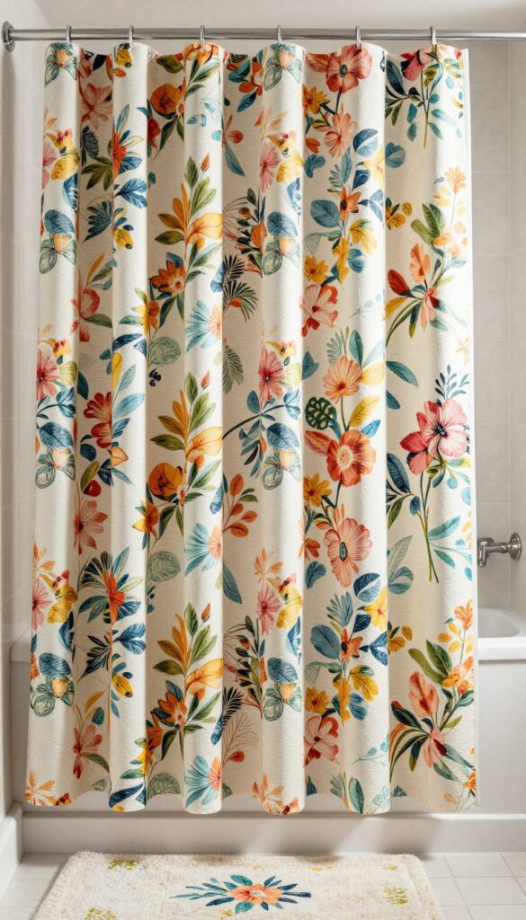 Quadrant shower room with patterned shower curtain adding pops of color in a bright, clean bathroom setting.