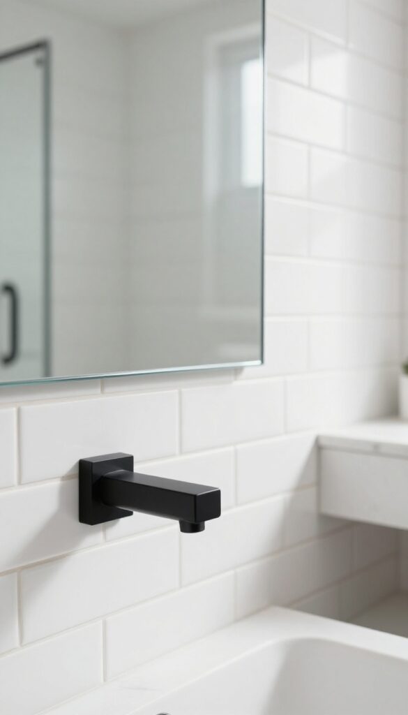 Modern minimalist square shower faucet in matte black on white subway tile bathroom