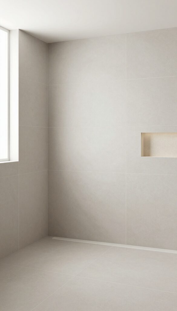 A small walk-in shower with large-format light greige tile, minimal grout lines, bright natural light, and a clean design to enhance spaciousness and reduce visual clutter.