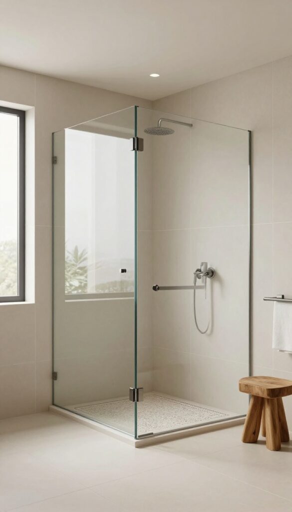 Modern bathroom with frameless glass partition for an airy curbless shower, featuring large-format tiles, natural light, and minimalist decor.