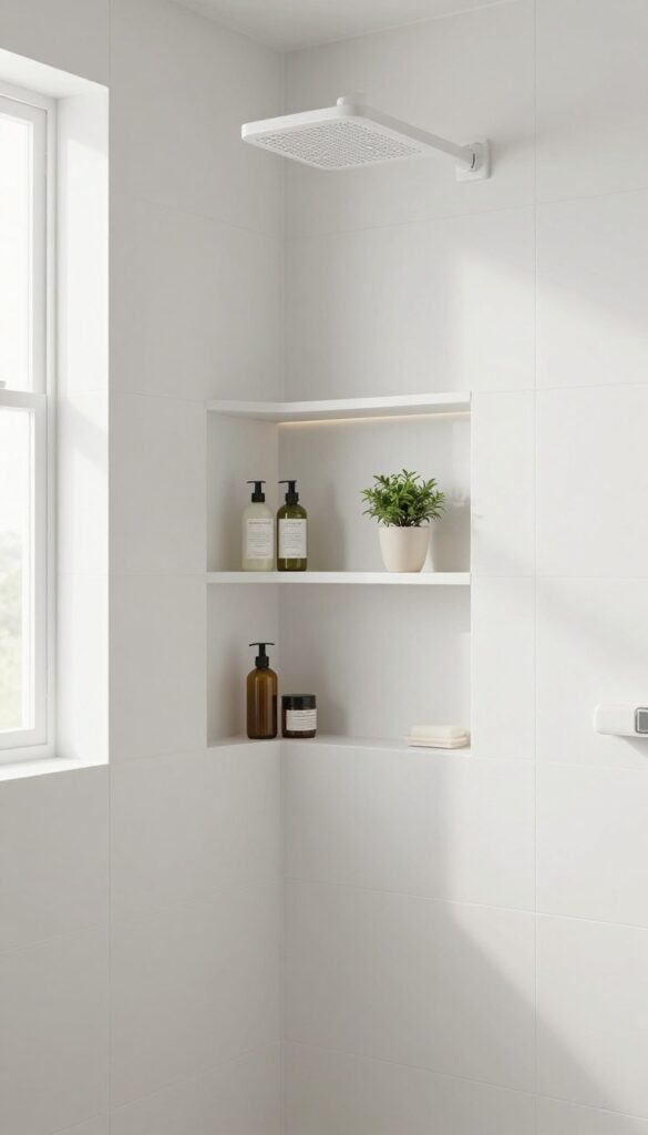 A photorealistic image of a small walk-in shower without doors showcasing built-in niche shelves for storage in a bright, minimalist bathroom setting.