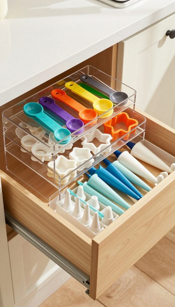 Kitchen drawer with tiered organizers holding baking tools like measuring spoons and cookie cutters in neat vertical layers.