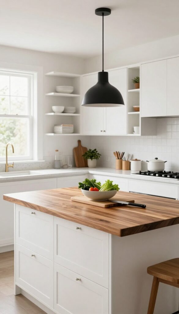 U-shaped kitchen with central butcher block prep island, white cabinets, open shelving, and pendant light