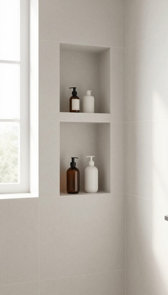 A recessed shelf in a shower wall holding shampoo and soap bottles, demonstrating tidy storage in a bright, minimalist bathroom.
