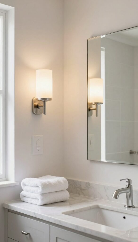 Bathroom with sconces and dimmer switch providing layered lighting in a bright, clean setting