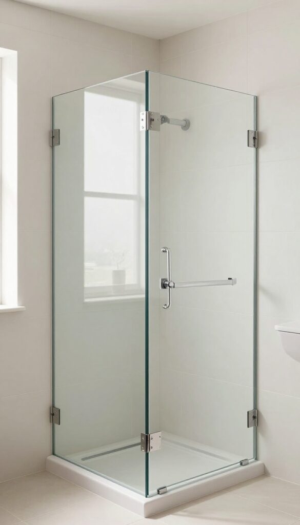A frameless glass standing shower in a bright bathroom with clean lines and minimal hardware, enhancing visual openness and style.