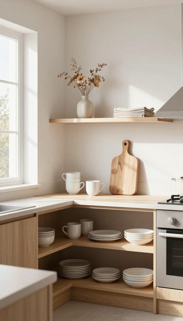 Open curved corner shelves in a modern Indian kitchen displaying mugs, plates, cutting board, vase, and napkins.