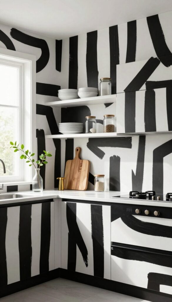 Modern kitchen with black-and-white graphic chevron wallpaper, open shelving, natural light, and minimal decor