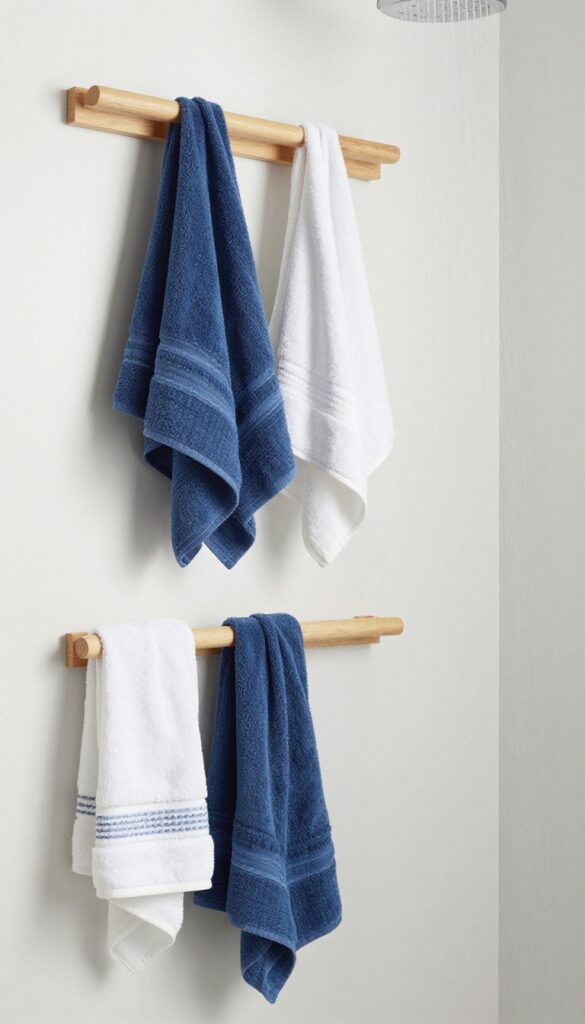 A photorealistic image of a modern bathroom featuring coordinated towels and linens in blue and white hues, neatly arranged on shelves and hooks to create a cohesive, spa-like look with a rainfall shower.