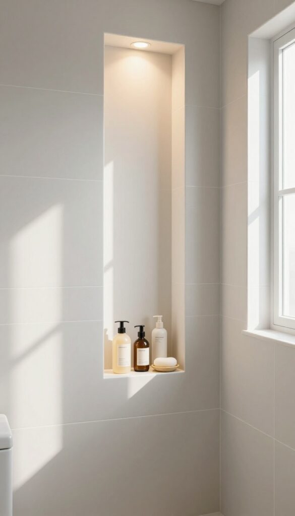 A recessed niche with LED lighting in a knee wall shower, showcasing smart storage and ambient lighting in a clean, photorealistic bathroom setting.
