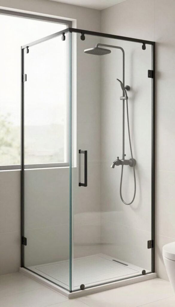 A sleek frameless glass shower panel in a modern bathroom with natural light and minimalist decor