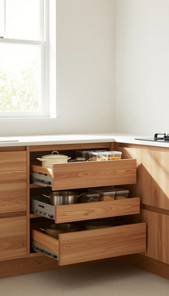 Corner pantry with pull-out drawers in a bright kitchen