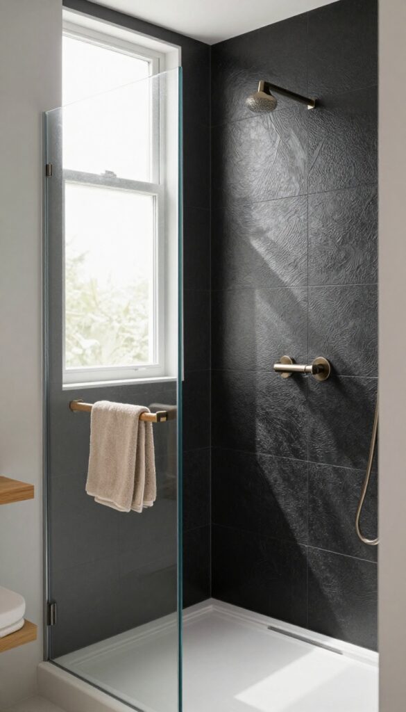 A close-up view of textured black tiles in a shower with natural light highlighting the depth and movement of the surface, paired with simple fixtures and warm accents for a modern yet cozy bathroom inspiration.