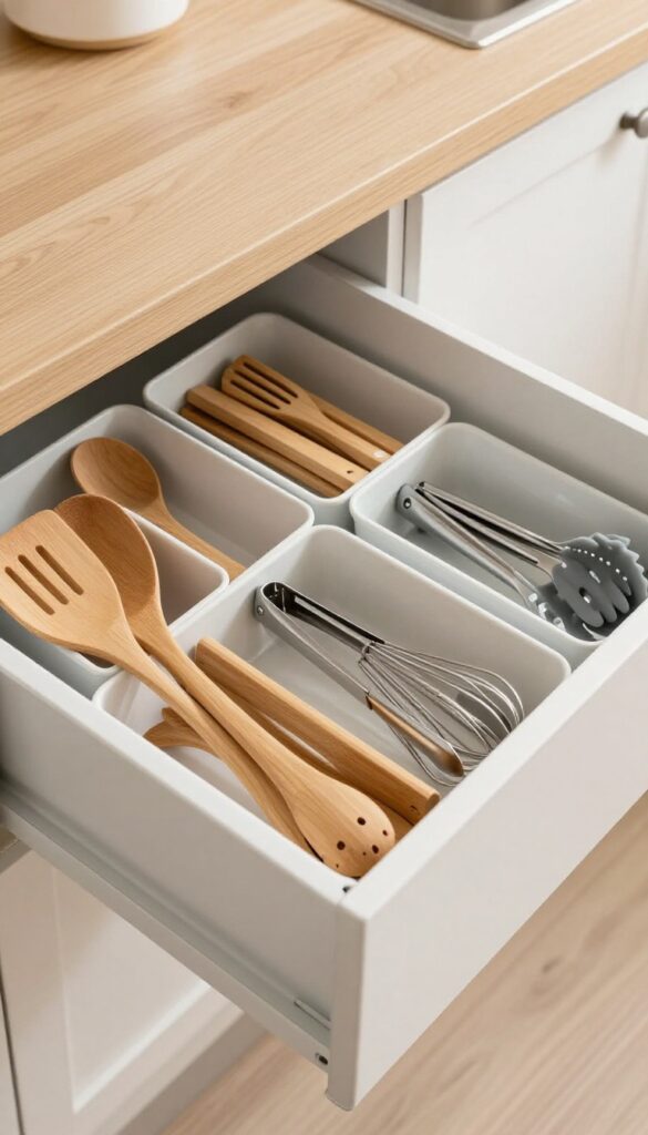 Kitchen drawer organized with small white and bamboo bins separating utensils by function for easy access.
