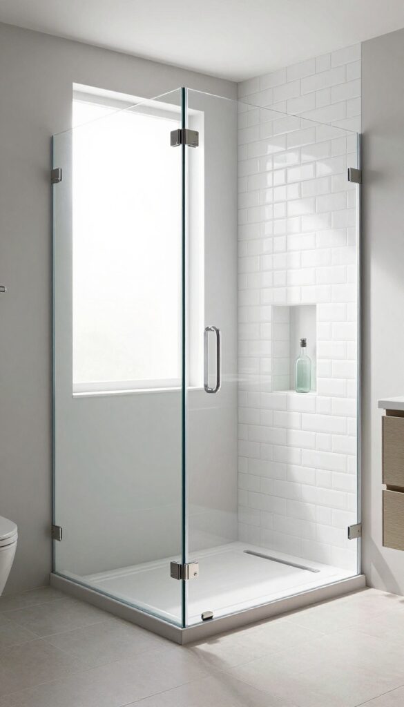 Small bathroom with frameless glass shower enclosure, large-format tiles, and natural light