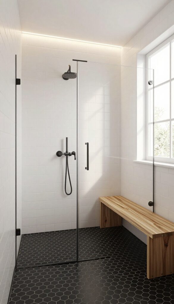Black hexagon floor tile with white walls in a bright shower