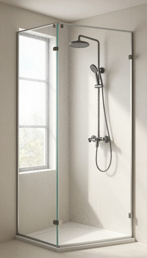 Small bathroom shower with textured glass panels for privacy, natural light filtering through ribbed pattern, matte black fixtures